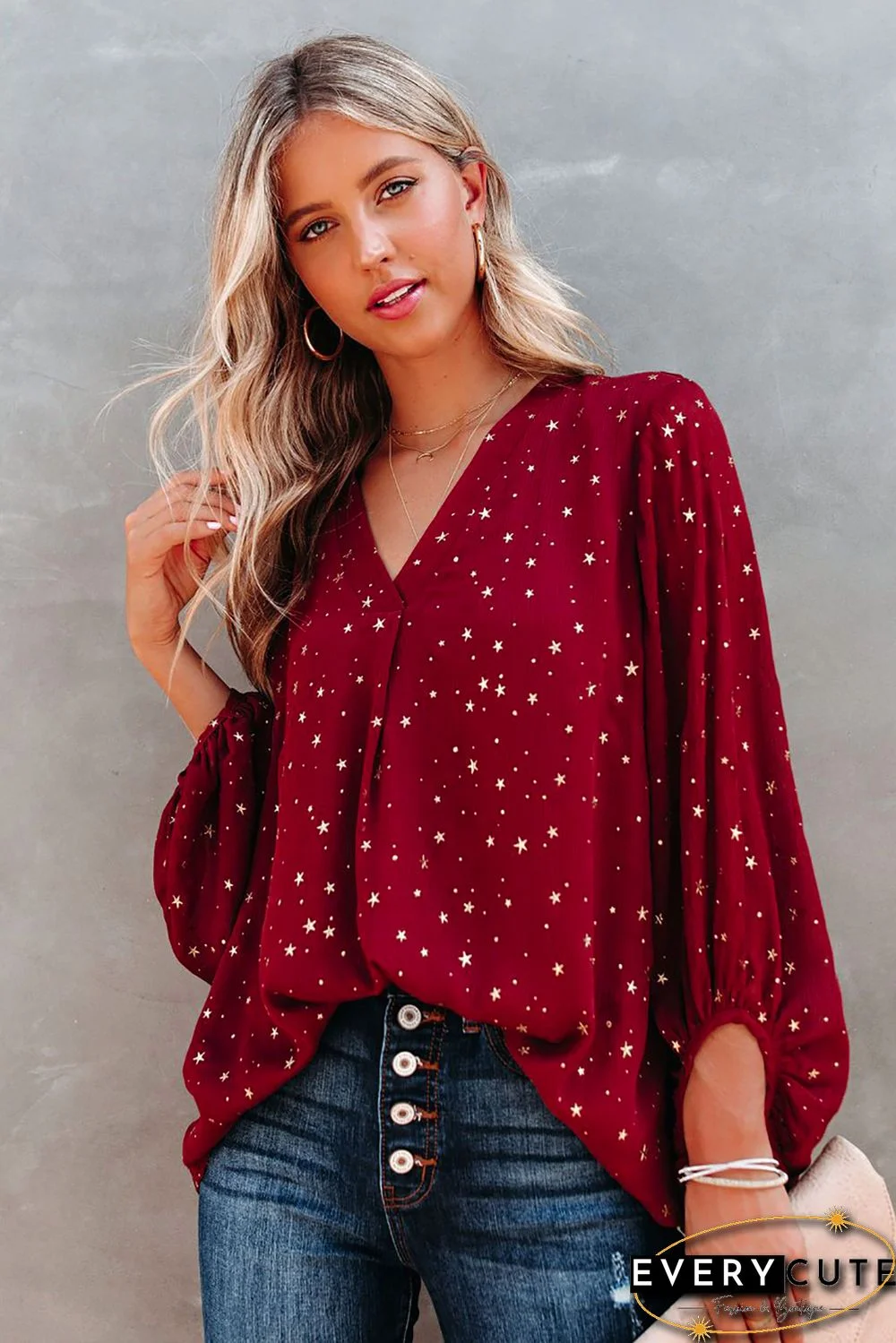 Red V Neck Star Print Billowy Sleeves Blouse