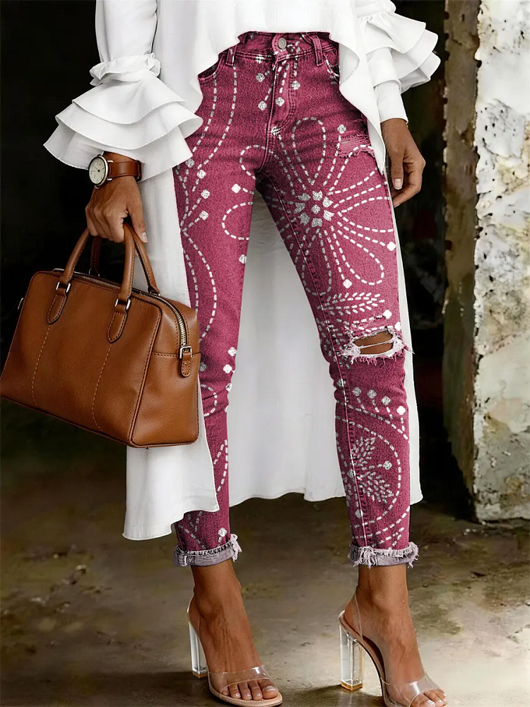 Women's Fashion Casual Art Print Ripped Skinny Jeans