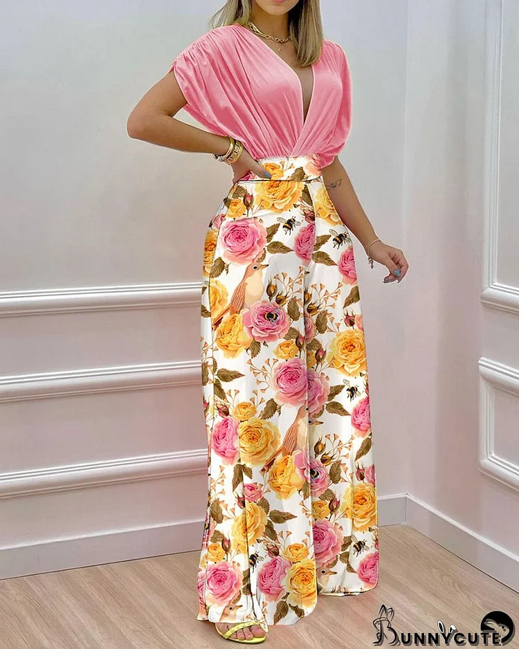 Women's Spring Summer Solid Bat Sleeves Top Print Wide Leg Pants Two-Piece Set