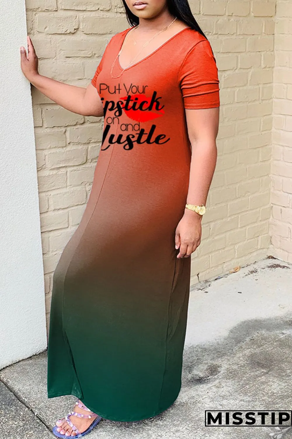 Green Fashion Casual Gradual Change Letter Print Basic V Neck Short Sleeve Dress