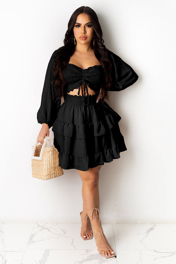 Ruched Cut Out Asymmetric Neck Long Sleeve Tiered Mini Dresses