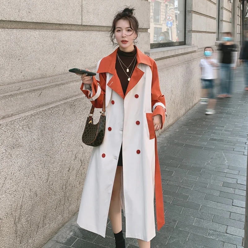 Fashion New Lady Trench Coat Long Double-Breasted with Belt Duster Coat for Women Spring Fall Outerwear Female Clothes Patchwork