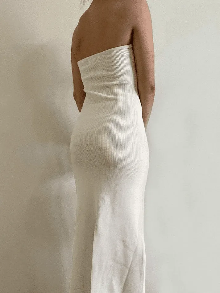 Brownm Knitted Twist Strapless Maxi Dress