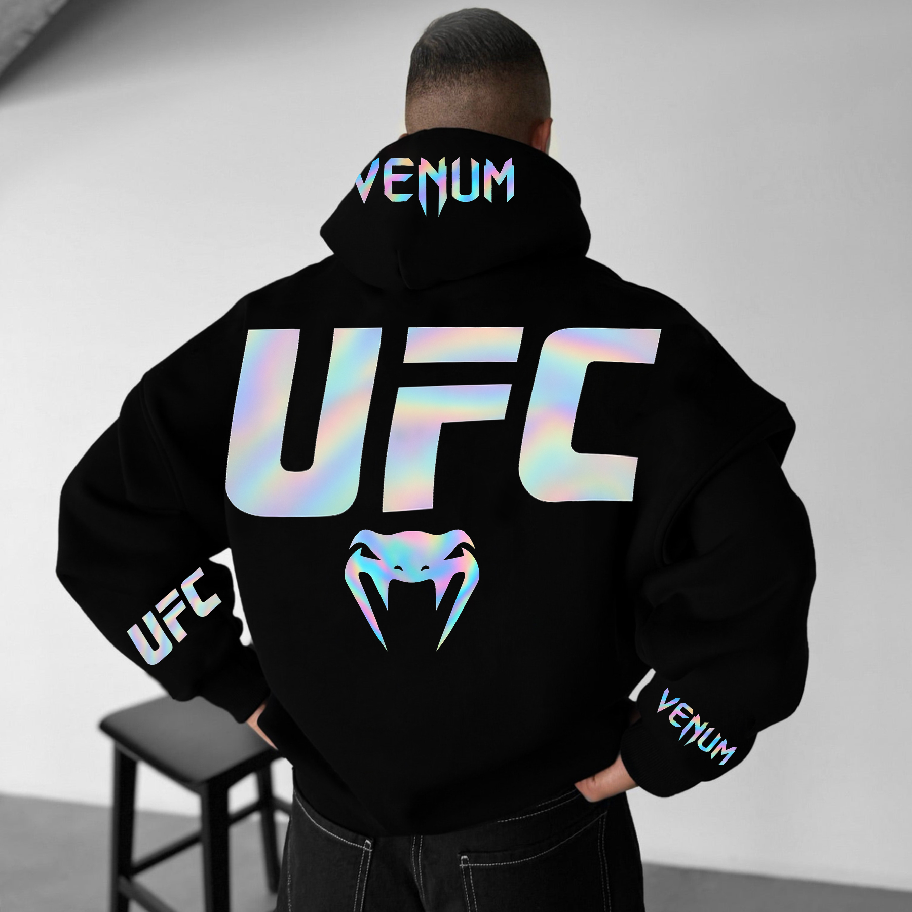 Men's Black Loose Casual Fighting Laser Printed Hooded Sweatshirt / TECHWEAR CLUB / Techwear