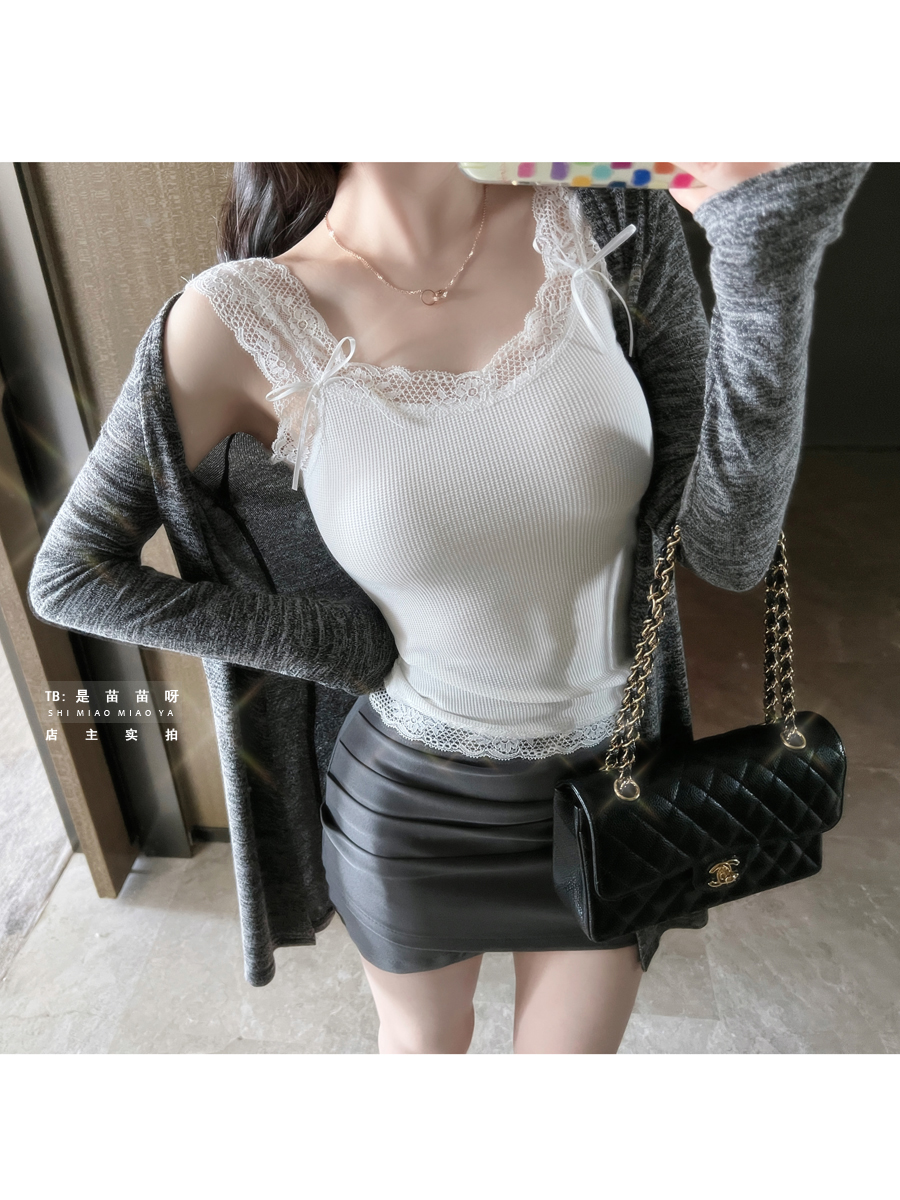 Threefruit Women's 2025 Summer Lace Splicing Bow Wide Shoulder Strap Solid Slim Sling Vest Low Collar Sweet Thin Style Short Top ESHW