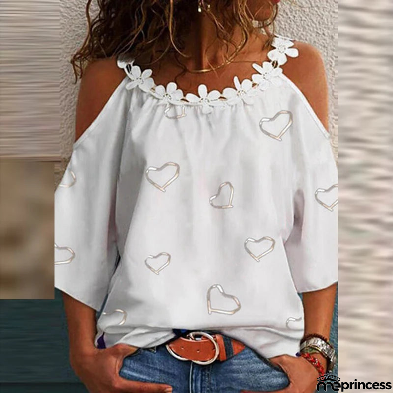 Women's O-Neck Polyester Long Sleeve Heart Pullover Blouses