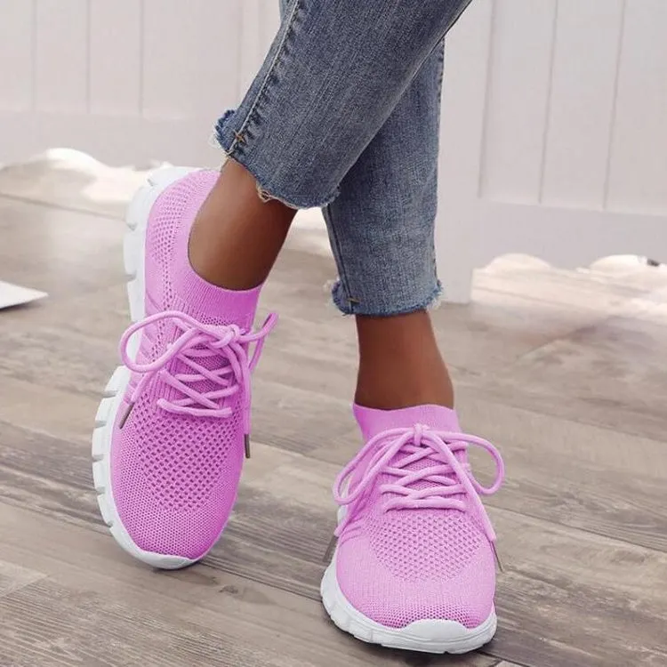 Women's Solid Color Shoelaces Round Toe Flat Heel Casual Sneakers