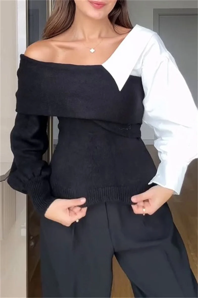 Patchwork Contrast V Neck Sweaters