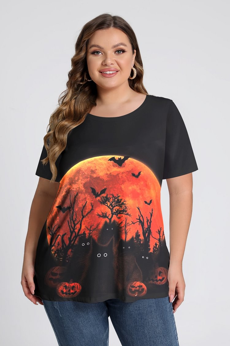 Flycurvy Plus Size Halloween Black Pumpkin Bat Graphic Print Short Sleeve T-Shirt  flycurvy [product_label]