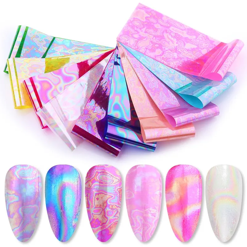 10Pcs/Set Colorful Nail Foil Stickers Mirror iridescent Effect Stickers Nail Art Transfer Foils Manicures Slider Decorations