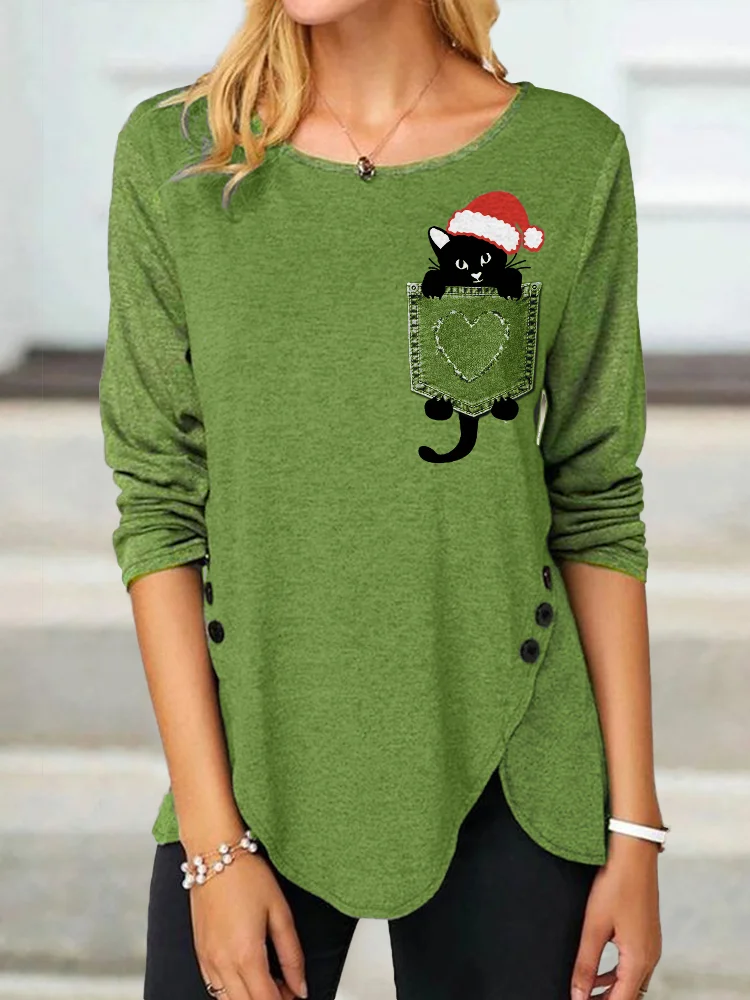 Wearshes Funny Christmas Hat Cat Solid Button Slit T Shirt