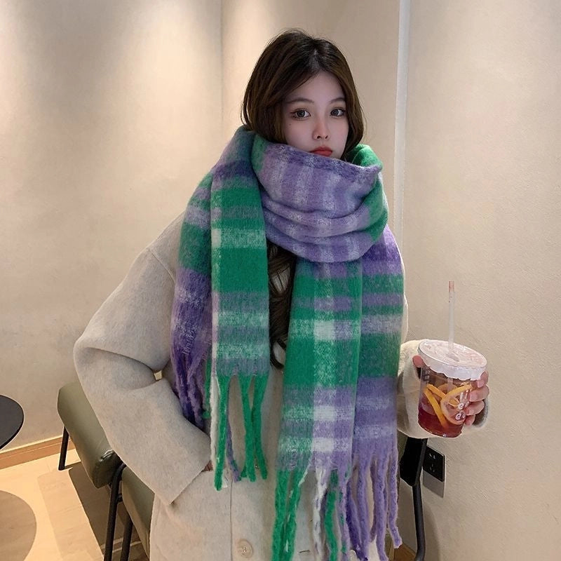 Autumn And Winter Thickened Scarf Women’s Korean-style Rainbow Plaid Tassel Mohair Shawl Student Versatile Warm Scarf Fashion