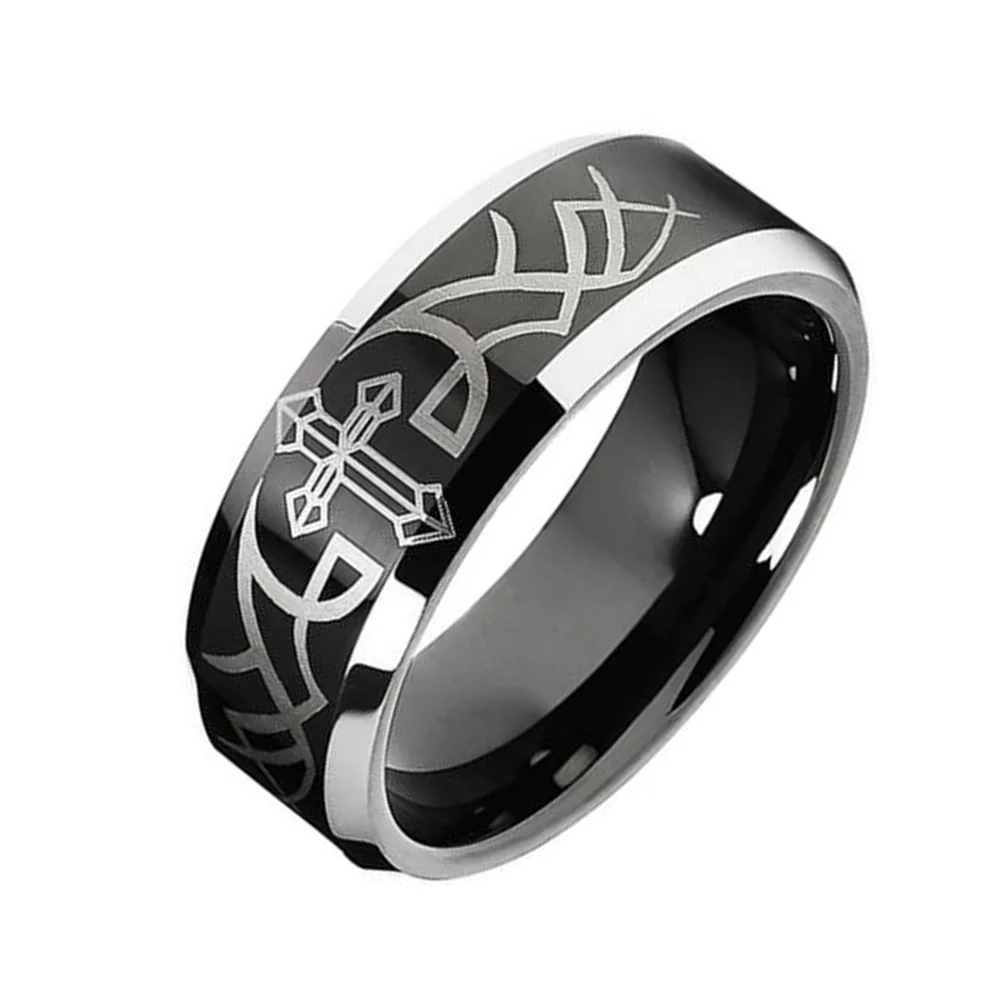 6MM 8MM Black Cross Tungsten Mens Rings Silver Laser Pattern Polished Finished