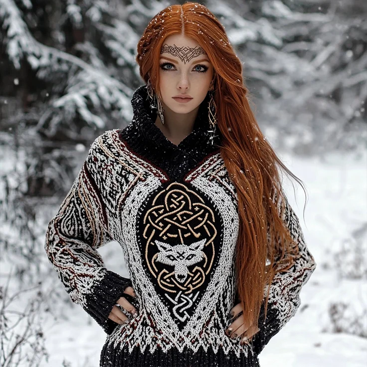 Women's Viking Wolf Jacquard Celtic Style Knitted Hooded Sweater