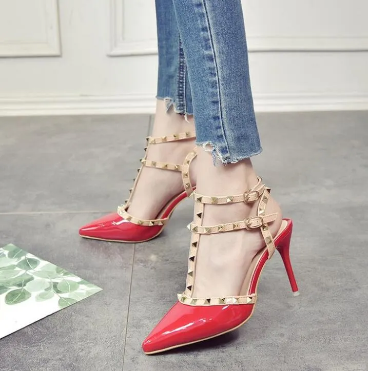 2020 New 10CM New High-heeled Shoes Female Pointed Stiletto Sexy Nightclub Word with Rivets Wild Sandals Female Summer