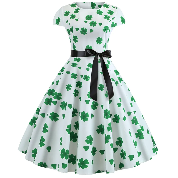 VChics St. Patrick's Day Vintage Ribbon Waist Clover Midi Dress
