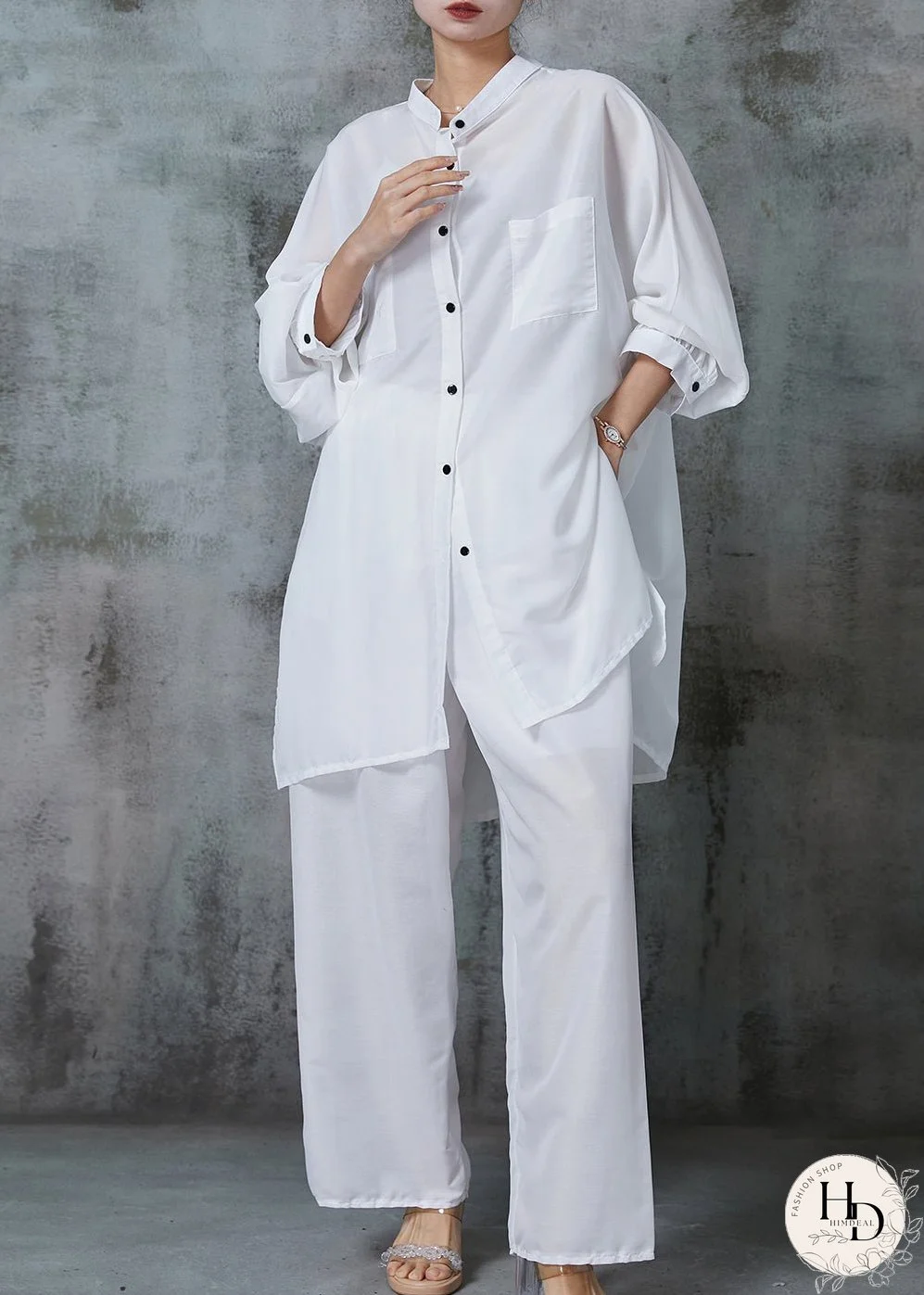Simple White Oversized Side Open Cotton Two Pieces Set Summer