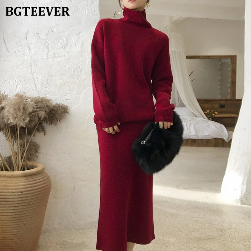 BGTEEVER Autumn Winter Ladies 2 Pieces Sweater Set Women Turtleneck Pullover Jumpers & Elastic Mid-length Pencil Knitted Skirts
