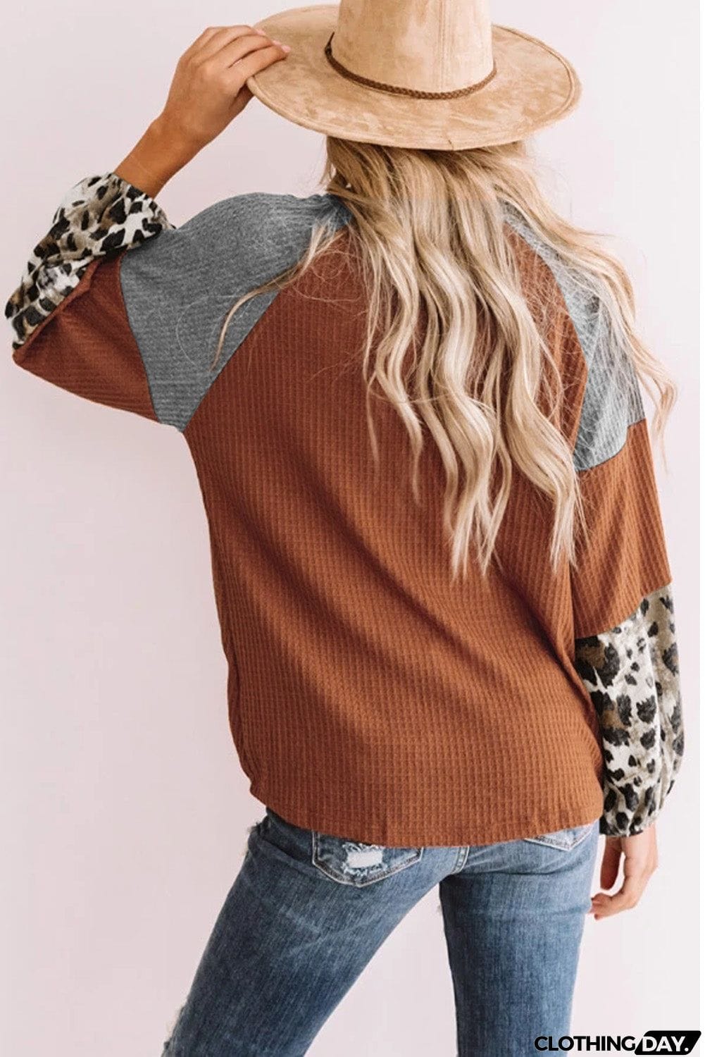 Long Sleeve Waffle Knit Orange Blouse with Twist Knot