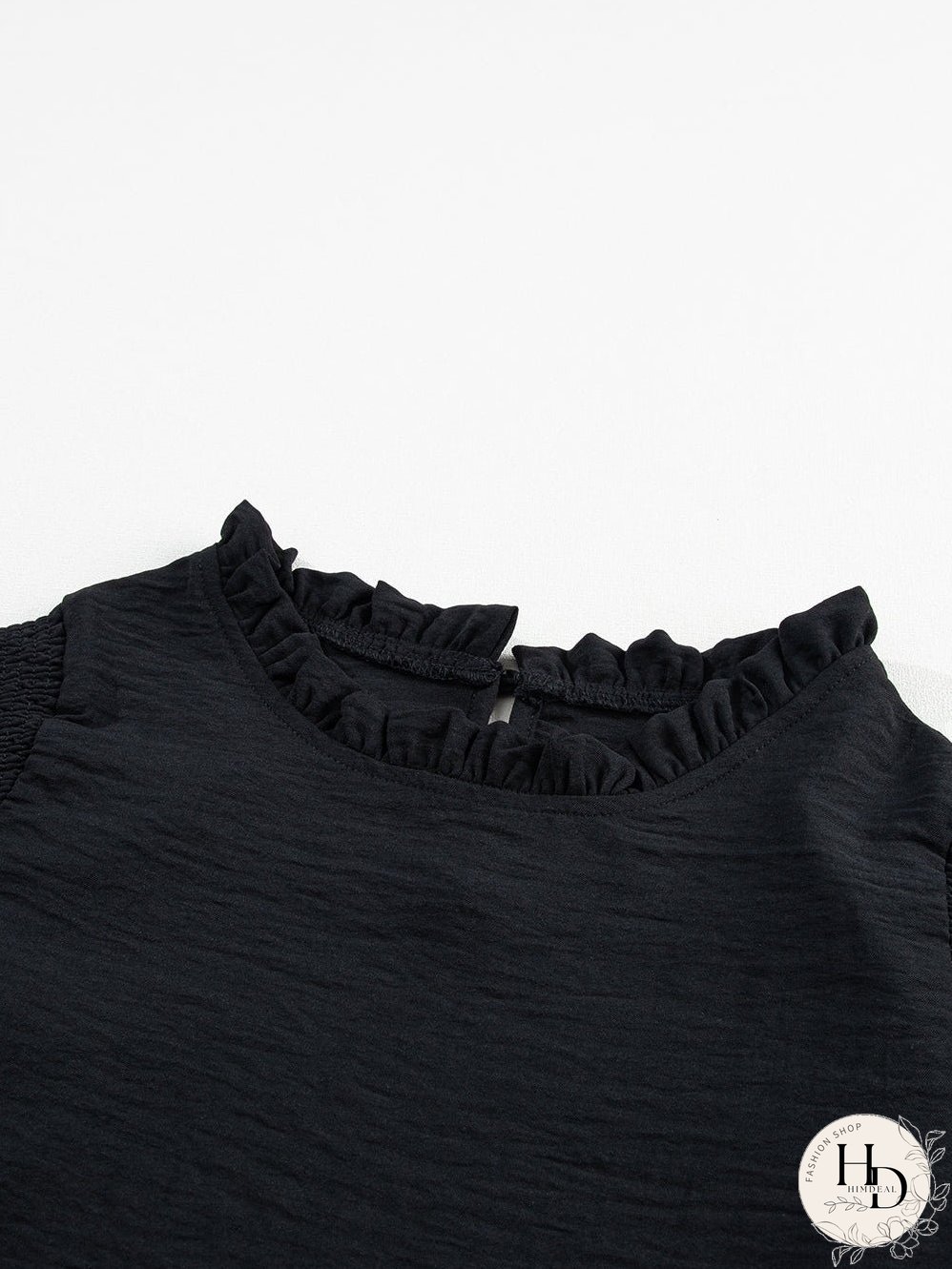 Elegant Black Ruffled Shoulder Bubble Sleeve Blouse