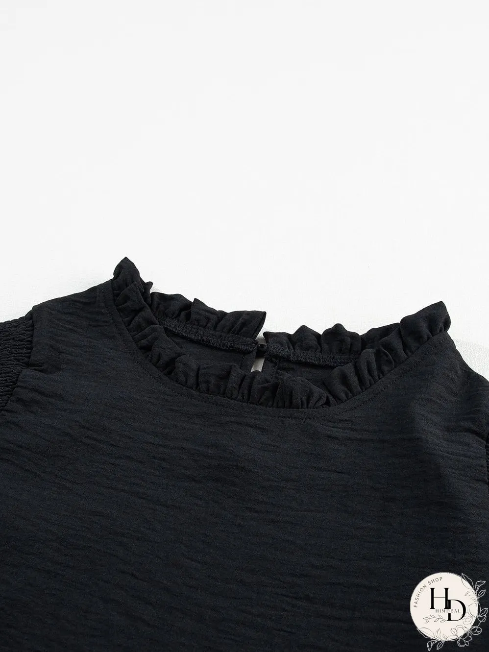 Elegant Black Ruffled Shoulder Bubble Sleeve Blouse