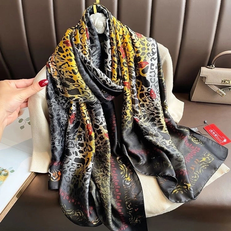 Women’s Fashion Letter Plaid Satin Printing Silk Scarves
