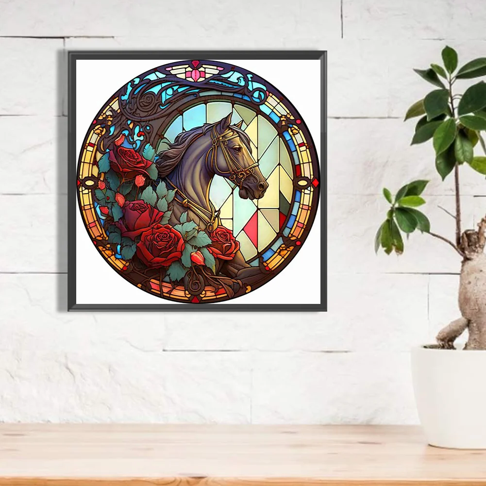 Diamond Painting - Full Round Drill - Stained Glass Rose Horse(30*30cm)