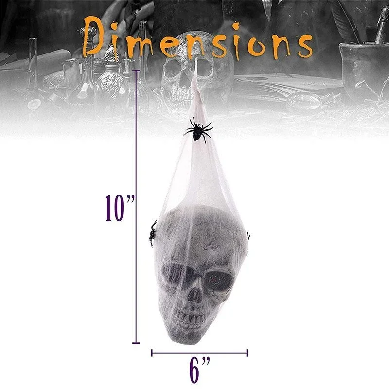 Tegooe Halloween Hanging Skull Prop with Light-Up Eyes Spiders - 16x50cm Plastic