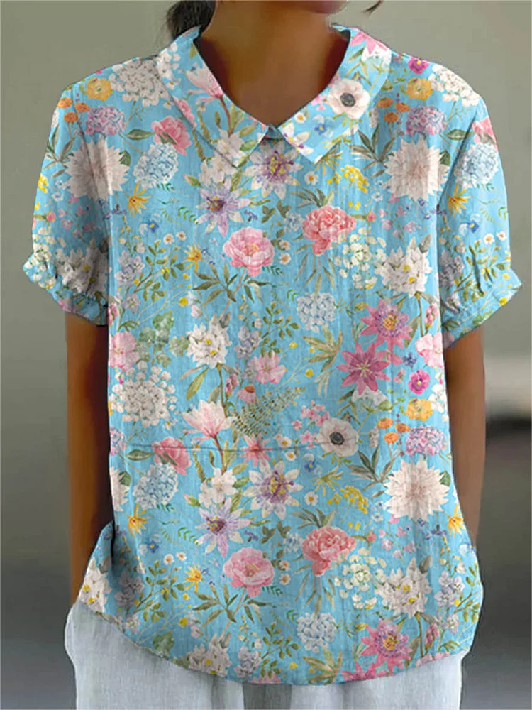 Women's Vintage Lovely Floral Art Print Casual Cotton And Linen Shirt