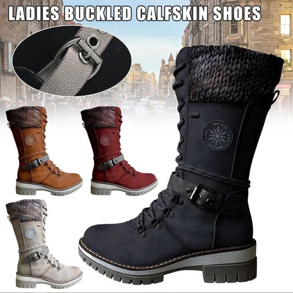 Women Retro Mid-Calf Buckle Boots Chunky Heel Winter Long Tube PU Leather Knight Boots Western Cowboy Boots Suede Anti Slip Waterproof Snow Boots Lace Up Military Combat High Boots - Life is Beautiful for You - SheChoic