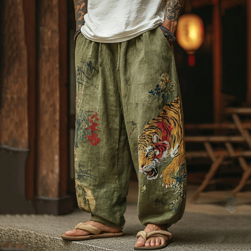 Comstylish Men's Japanese Tiger Pattern Art Contrast Wide Leg Linen Pants