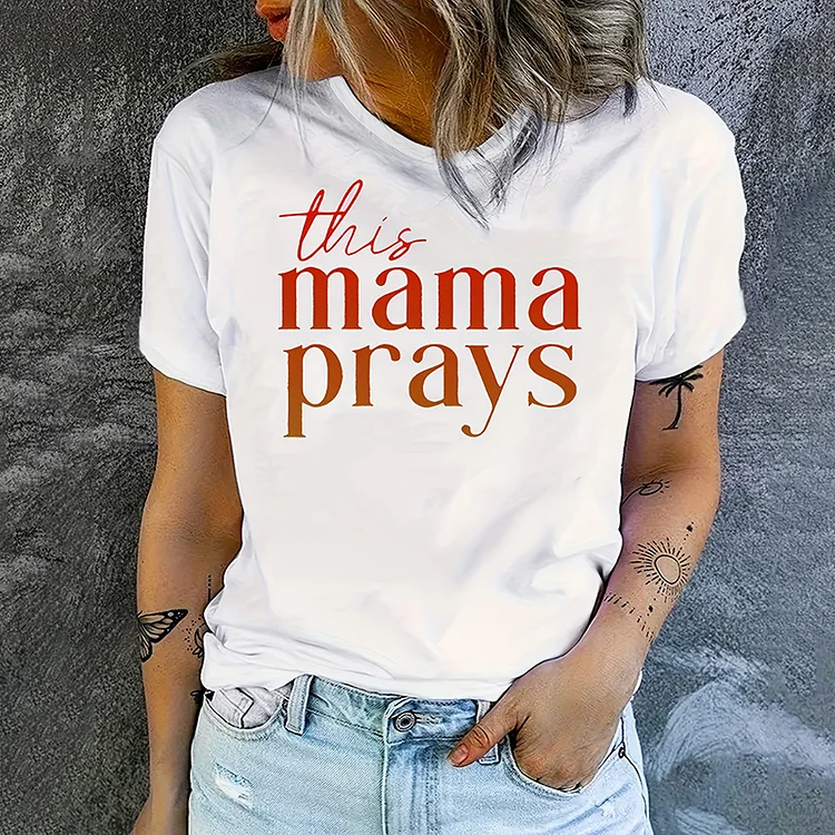 VChics Vintage The Mama Pray Print Crew Neck Cozy T-Shirt