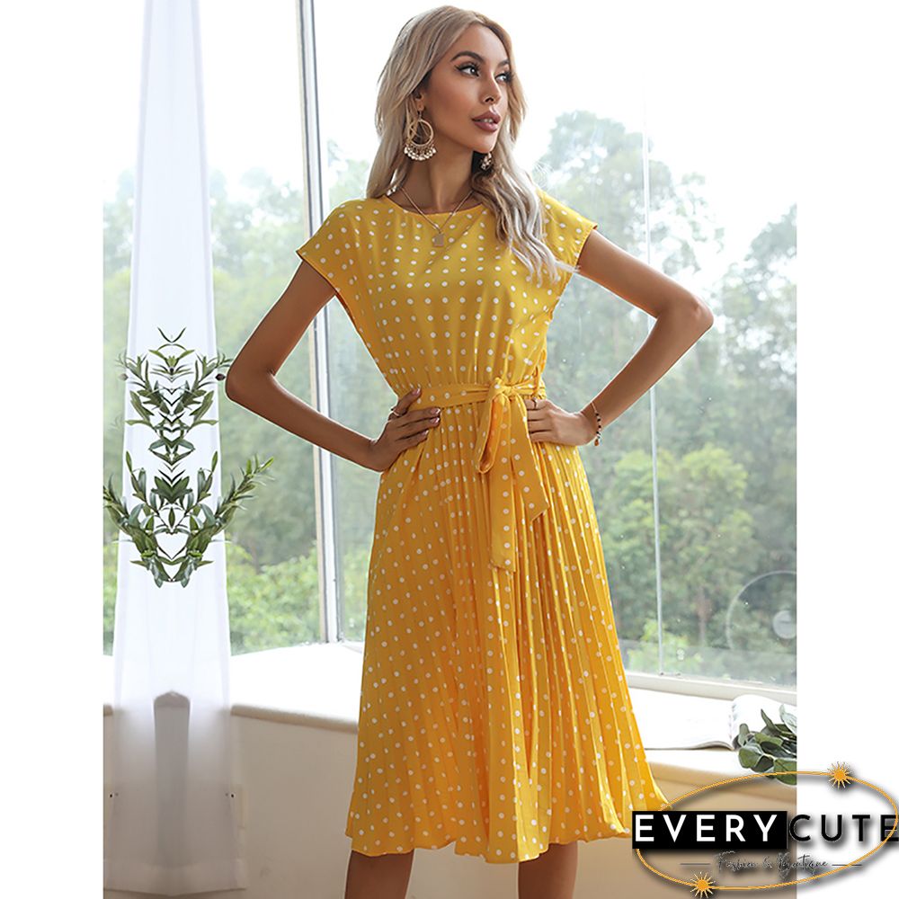 Yellow Tie Waist Short Sleeve Casual Dress