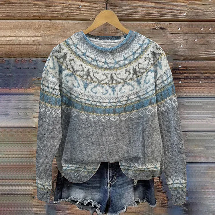Comstylish Icelandic Pattern Jacquard Vintage Knit Sweater