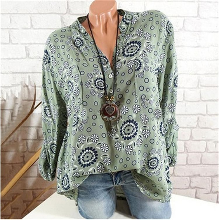 Plus Size Casual Long Sleeves Flower Printed V-Neck Blouses - Chicaggo