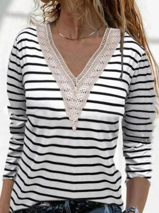 V-Neck Lace Panel Casual Loose Striped Long Sleeve T-Shirt