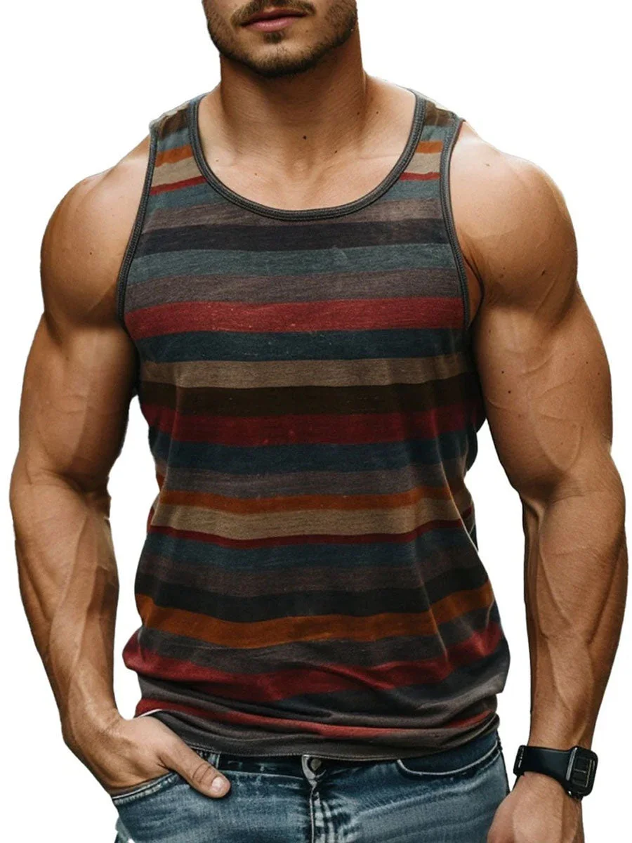 Men's Retro Multicolor Striped Print Crew Neck Tank Top
