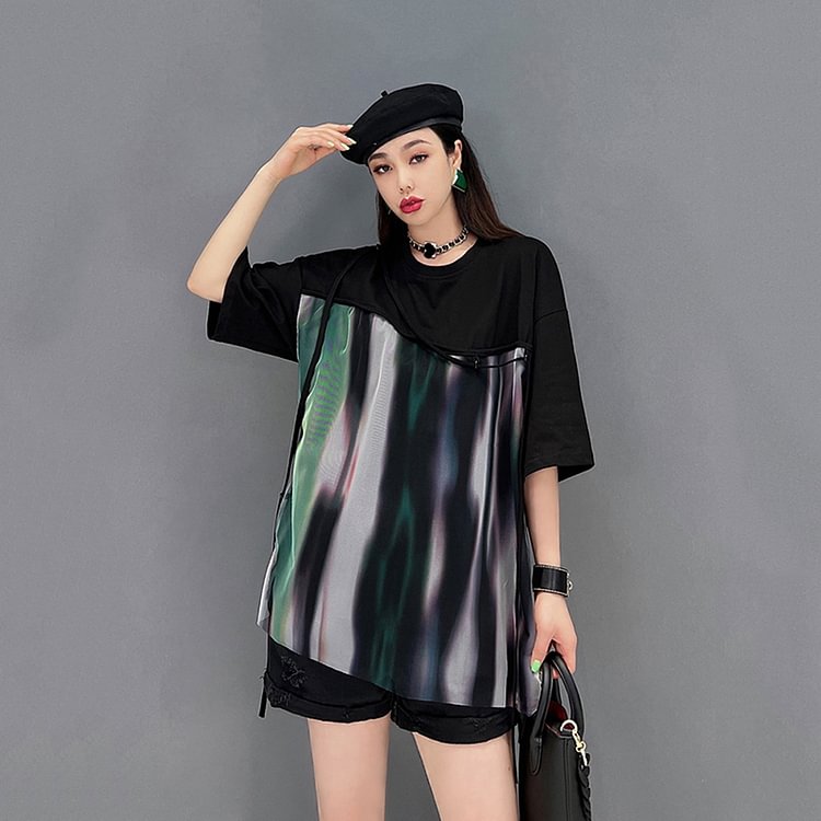 Fashion Loose T-shirt Irregular Drawstring Lacing Splicing Decor Half Sleeve T-shirt     