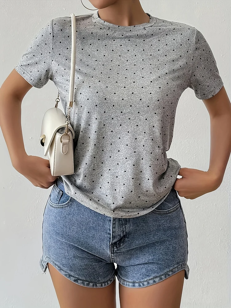 Lightweight Summer Polka Dot Print Women's T-Shirt | Loose-Fit Round Neck Short Sleeve, Light Gray With Black Dots, Casual Attire