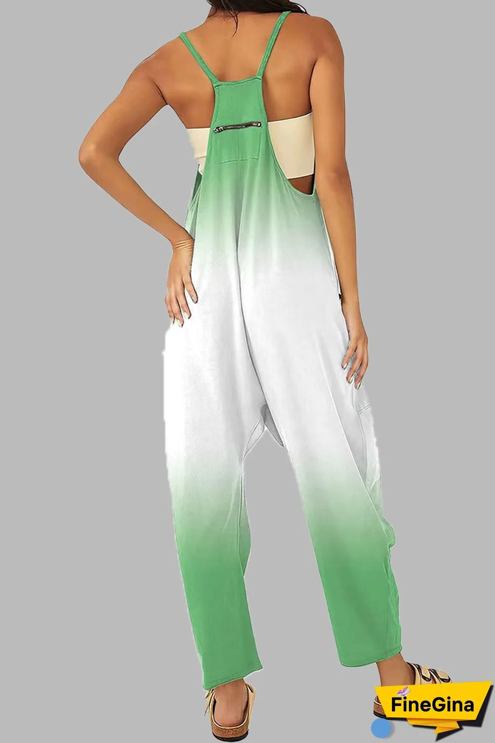 Black khaki Casual Gradual Change Print Patchwork Pocket Zipper Spaghetti Strap Loose Jumpsuits