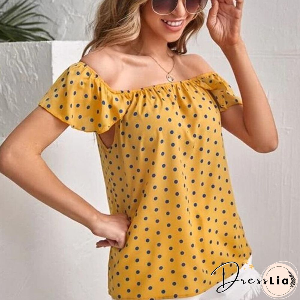 Summer Fashion Casual Print Dot Blouse Women Off Shoulder Short Sleeve Blue Tees Black Mujer Tops Lady Shirts Blouses New