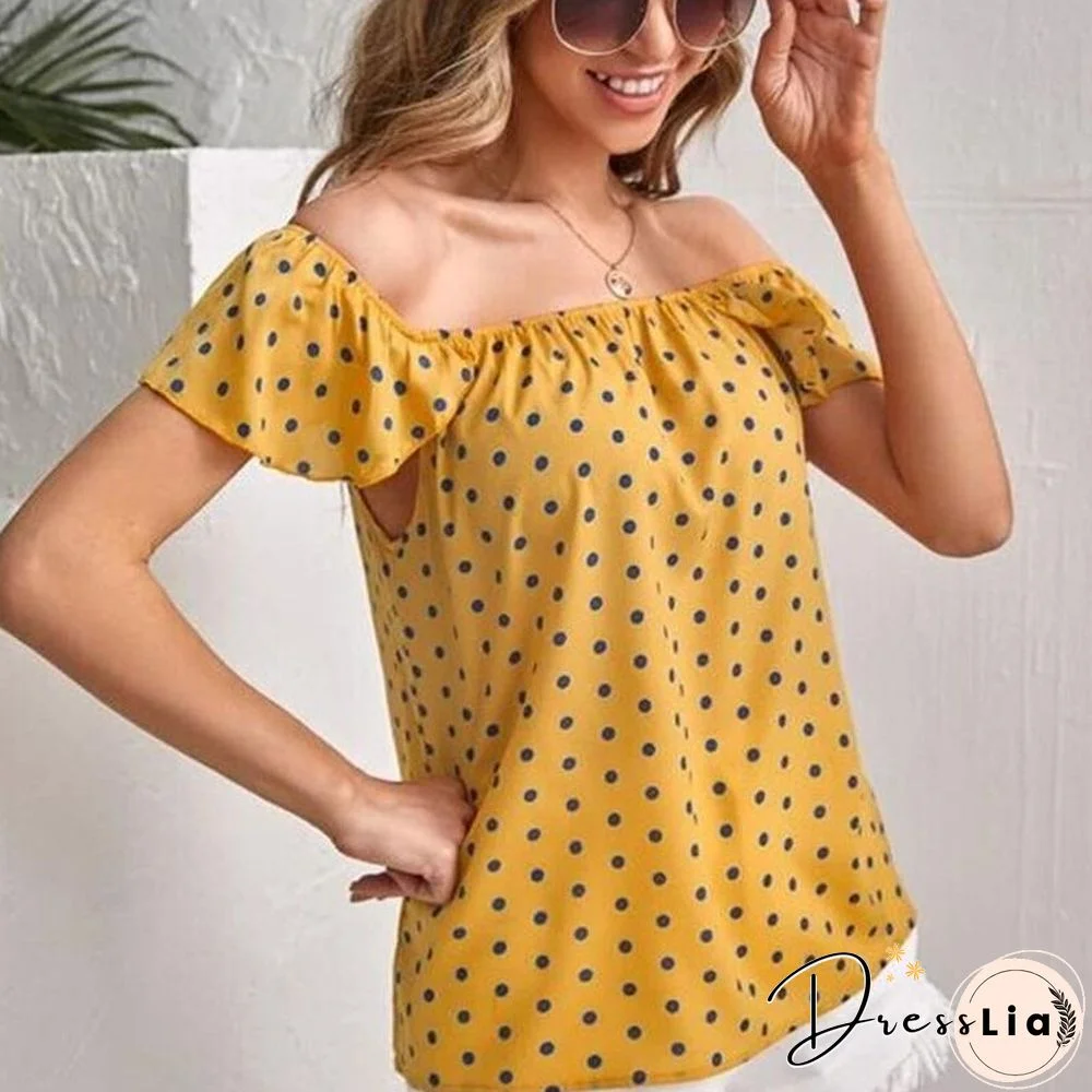 Summer Fashion Casual Print Dot Blouse Women Off Shoulder Short Sleeve Blue Tees Black Mujer Tops Lady Shirts Blouses New