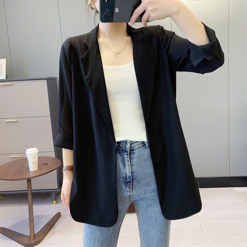 Blazers Women Fashion Loose Solid Long Sleeve Notched Thin Sunscreen Leisure All-match Korean Style Minimalist Summer Clothing