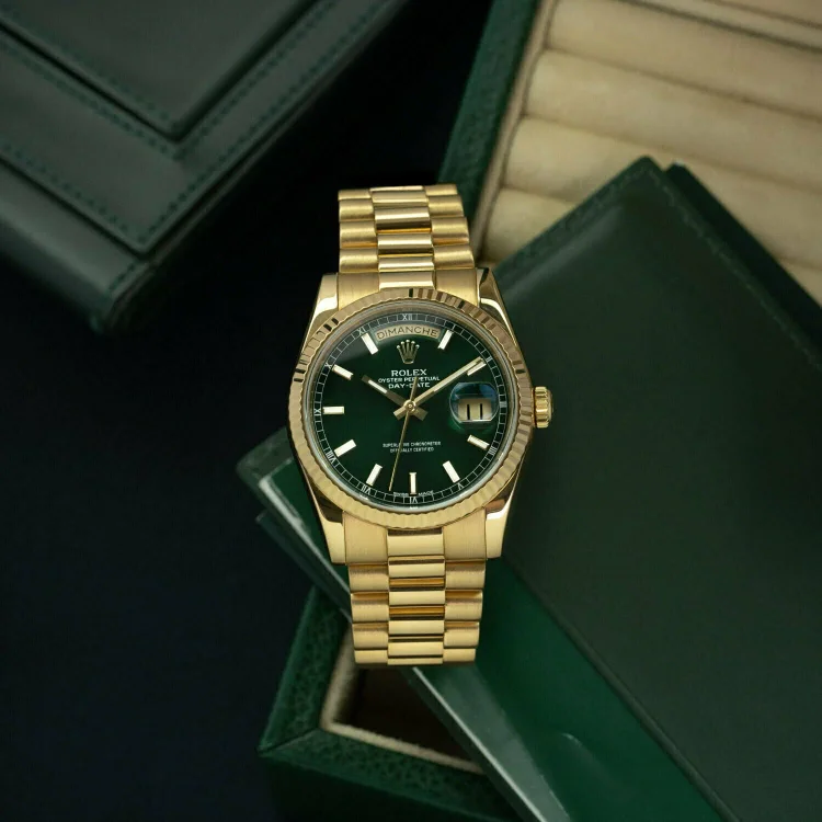 Rolex Day-Date 36 Yellow Gold Green Index Dial & Fluted Bezel President Bracelet 118238