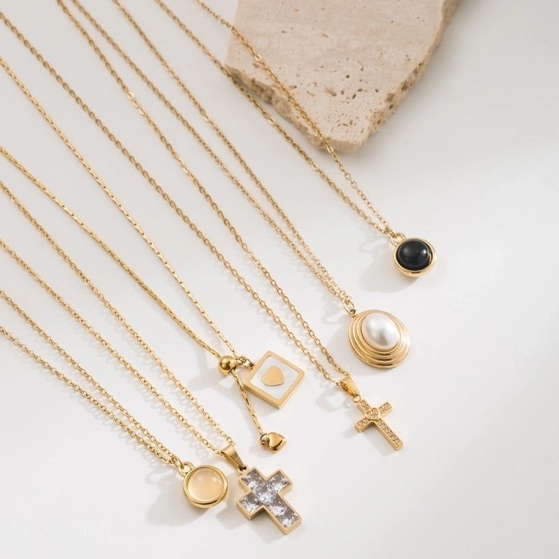 Vintage Style Minimalist Cross Round Heart Shape 304 Stainless Steel Stainless Steel Necklaces