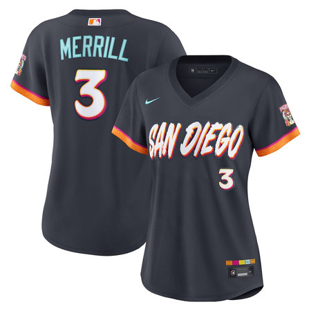 Women's San Diego Padres #3 Jackson Merrill Nike Obsidian 2026 City Connect Stadium Jersey 2153