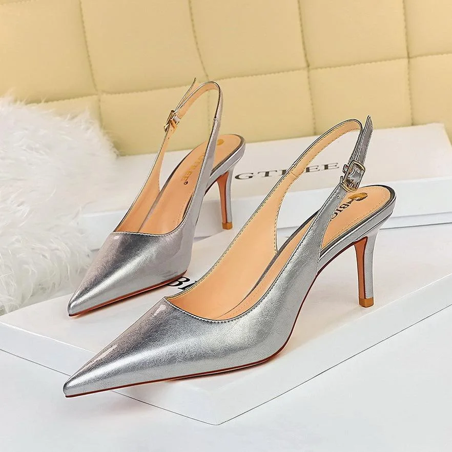 Simple stiletto shoes with shallow mouth and pointed toe hollow back strap