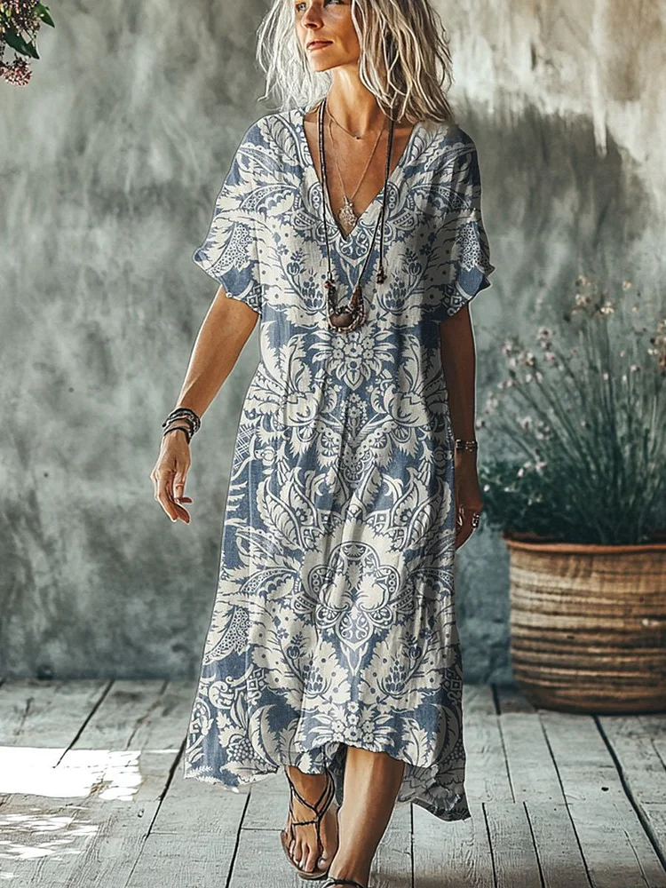Women's  Floral  Art Print Pocket Cotton Dress