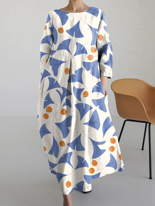 Japanese Ginkgo Leaf Printed Loose Long Sleeve Dress