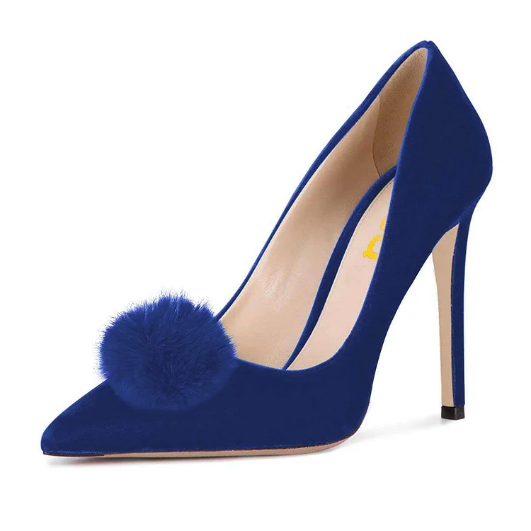 Blue Velvet Pointy Toe Stiletto Heel Pumps Pom Pom Shoes |FSJ Shoes